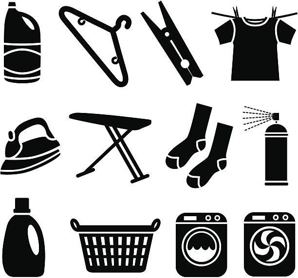 illustrazioni stock, clip art, cartoni animati e icone di tendenza di icone di lavanderia - iron laundry cleaning ironing board