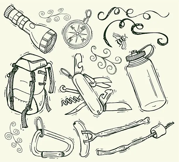 Vector illustration of Camping Doodles with Backpack and Compass