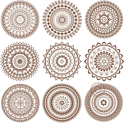 Nine different Mandala design,geometrically aligned 