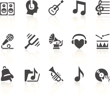 Vector icons with an music and audio theme. Simple series. One icon consists of a single object + reflection (on a separate layer). EPS8, JPEG + AI CS3
