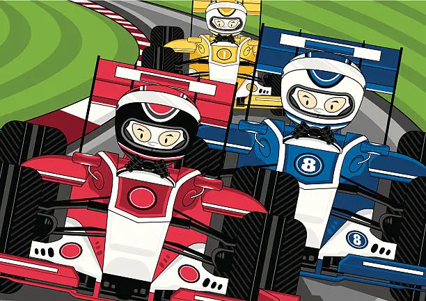Vector illustration of Three open-wheel single-seater racing car Racing Cars on Track
