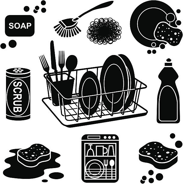 illustrazioni stock, clip art, cartoni animati e icone di tendenza di icone di piatto di lavaggio - paglietta