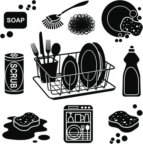 dish washing icons Vector icons with a dishwashing theme. black and white kitchen sink stock illustrations