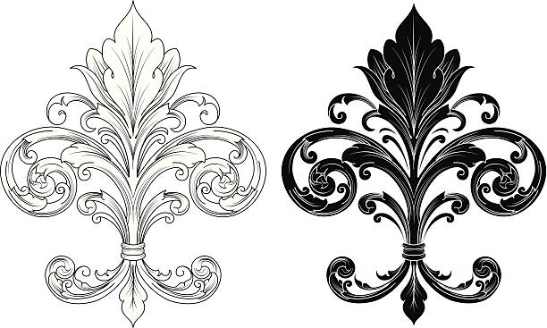 Ornate Fleur De Lis Hand-Drawn vector illustration of an ornate fleur de lis in black and white. Colors are easily edited. black family crest stock illustrations