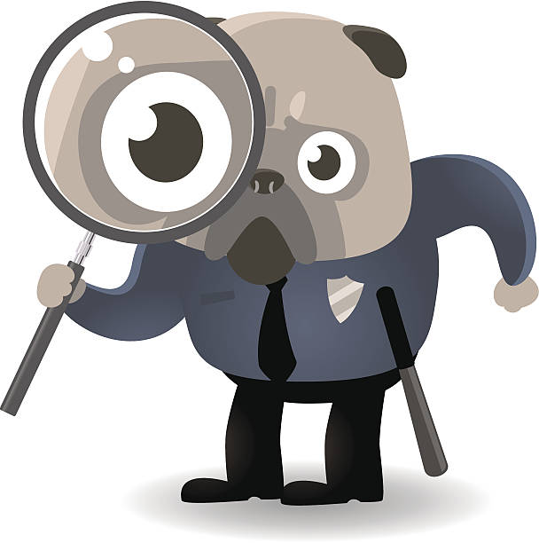pies policyjny trzyma lupa - magnifying glass scrutiny challenge exploration stock illustrations