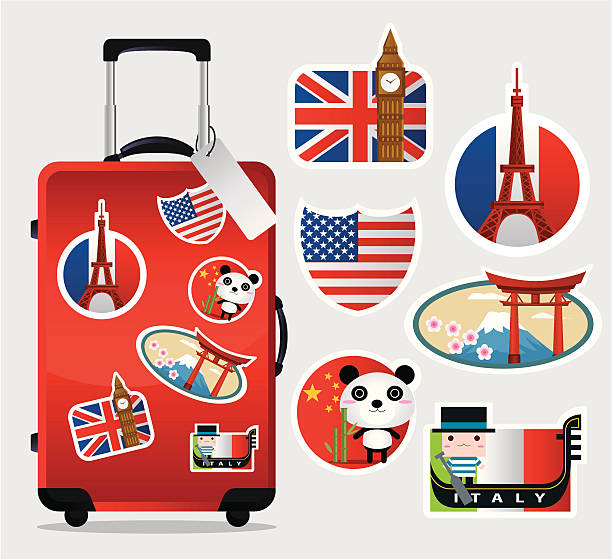 illustrations, cliparts, dessins animés et icônes de valise de voyage avec autocollants - suitcase travel luggage label