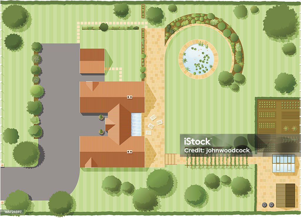 House plan two "A detailed top down view of a large house and surrounding garden, lots of detail , down to flowers on plants and fish in the pond. 16 layers aid editing, can be used vertically or horizontally." Aerial View stock vector