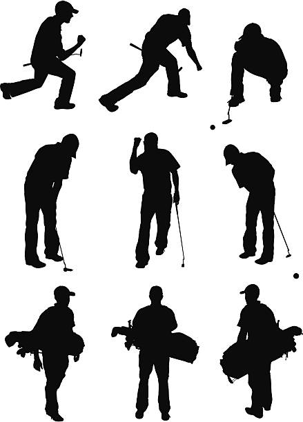 ilustraciones, imágenes clip art, dibujos animados e iconos de stock de los golfistas en acción - golf action silhouette balance