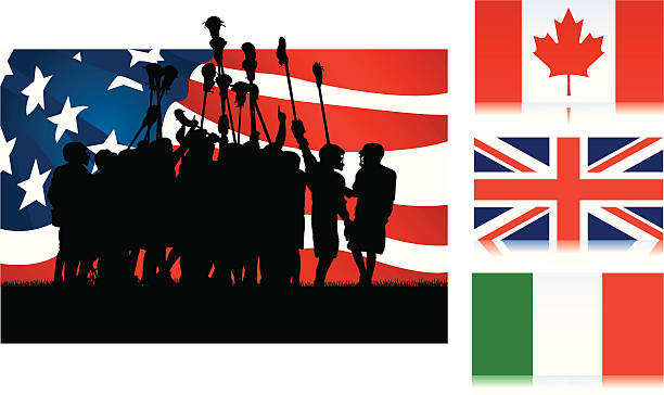 ilustrações de stock, clip art, desenhos animados e ícones de equipa de lacrosse vitória aglomeração silhueta com fundo da bandeira - canada american flag canadian culture usa