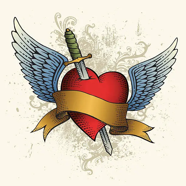 Vector illustration of Heart Tattoo with Wings, Banner and Sword