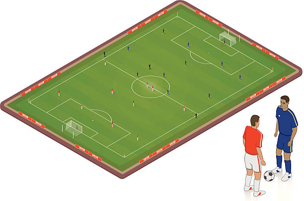 Isometric Soccer Pitch Detailed isometric soccer pitch with players in formation, referee and linesmen. Layered and grouped for editability. Download includes EPS file and hi-res jpeg. midfielder stock illustrations