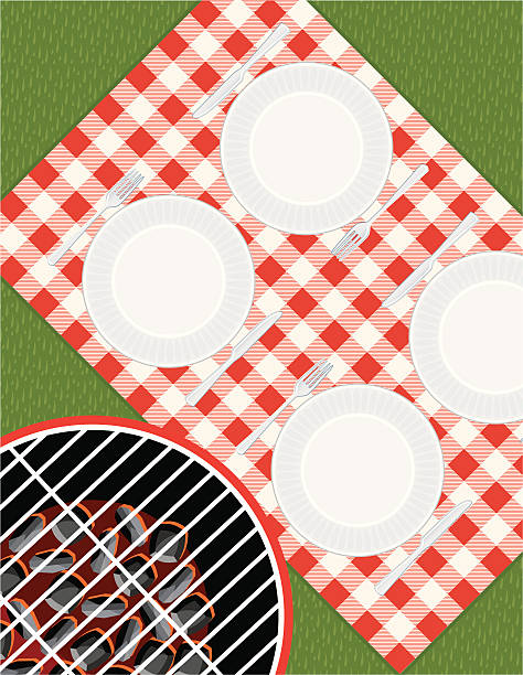 ilustrações, clipart, desenhos animados e ícones de configuração de piquenique - checked pattern tablecloth picnic
