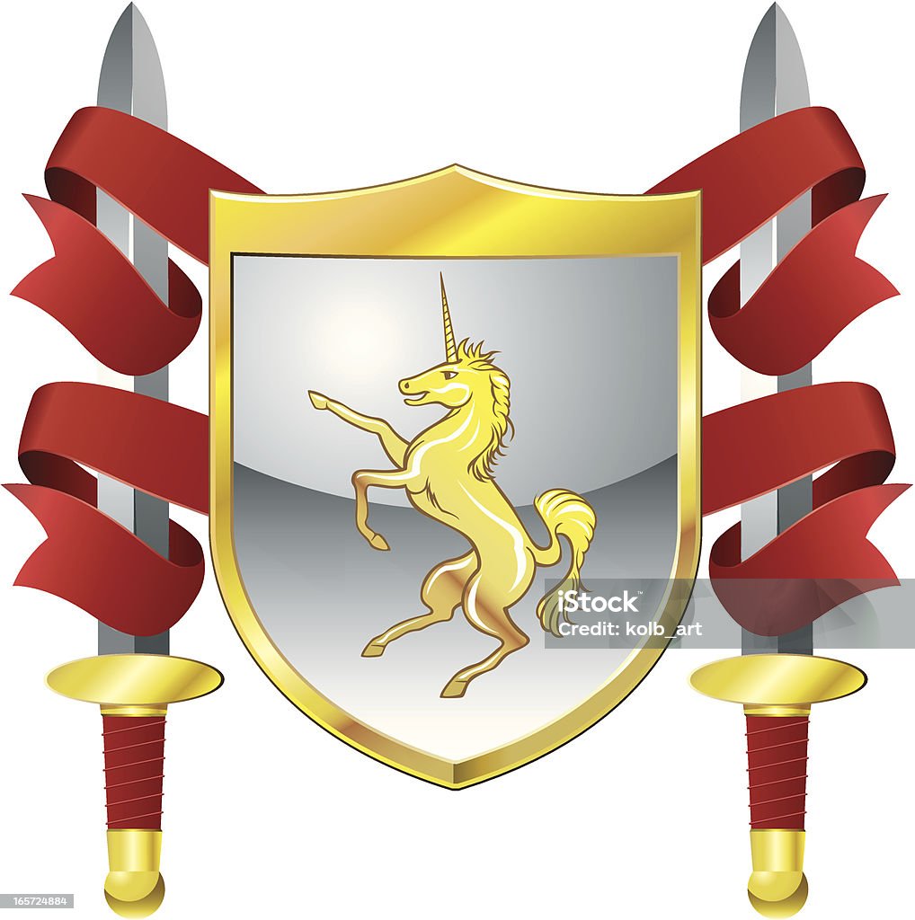 Unicornio shield, swords y banners - arte vectorial de Alrededor del siglo X libre de derechos