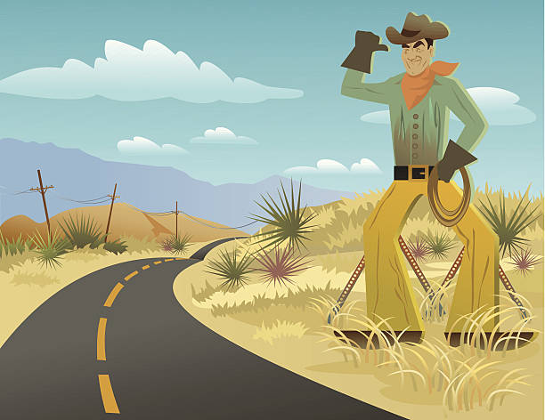 illustrations, cliparts, dessins animés et icônes de enseigne de cow-boy dans le désert - route 66 retro revival american culture sign