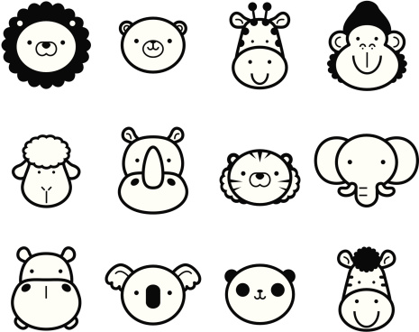 Vector illustration – Icon Set: Cute Zoo Animals in black and white. 