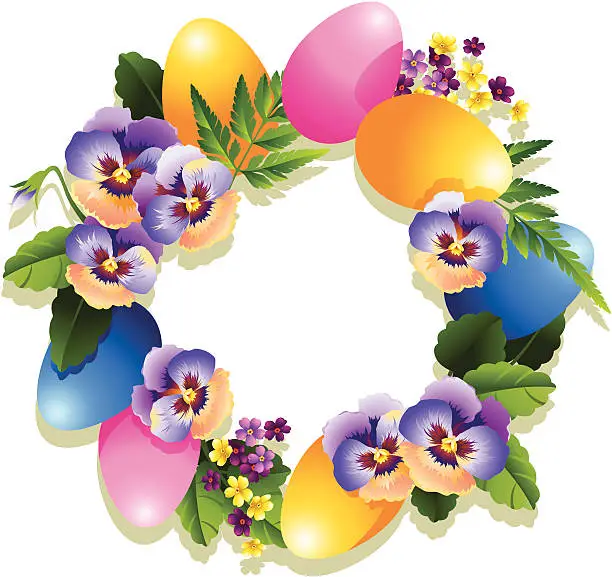 Vector illustration of Easter wreath with pansy flowers