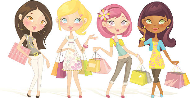 Sweet Shopping Dolls vector art illustration