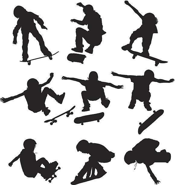 ilustrações, clipart, desenhos animados e ícones de crianças realizando acrobacias na skates - ollie