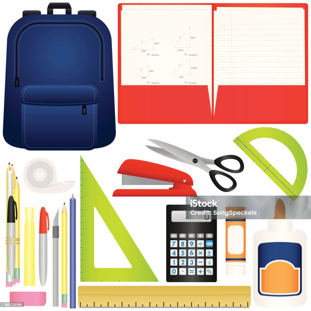 School Supplies School Supplies including backpack, folder with homework, glue, paste, scissors, rulers, pens and pencils. Backpack stock vector