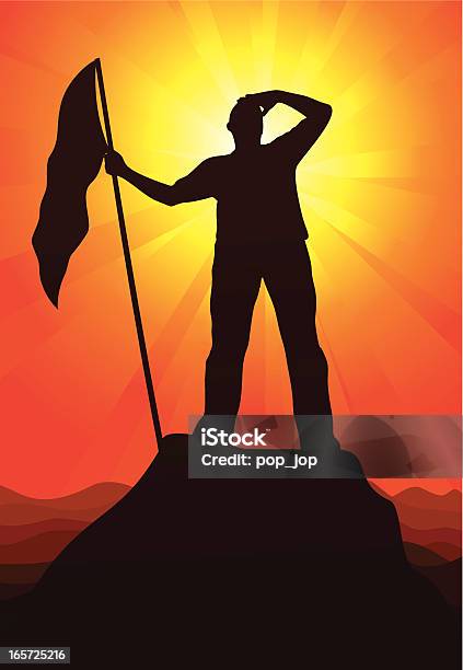 Silhouette Of Man With Flag On Mountain Peak At Sunset Stock Illustration - Download Image Now
