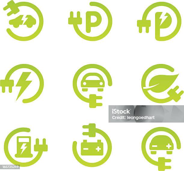 Samochód Elektryczny Zestaw Ikon - Stockowe grafiki wektorowe i więcej obrazów Ikona - Ikona, Elektryczność, Linia energetyczna