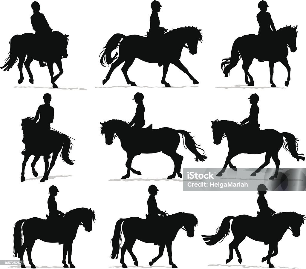 Pony Rider Silhouettes Vector silhouettes of a child riding a pony in walk, trot and canter/gallop during an English riding lesson. Horse stock vector