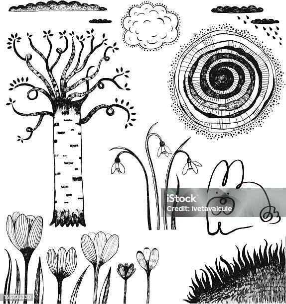 Primavera Tema Schizzi Di Betulla Crocuses Erba Coniglietto E Nuvole - Immagini vettoriali stock e altre immagini di Fiore