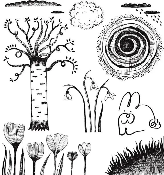 Vector illustration of Spring theme doodles of birch, crocuses, grass, bunny and clouds