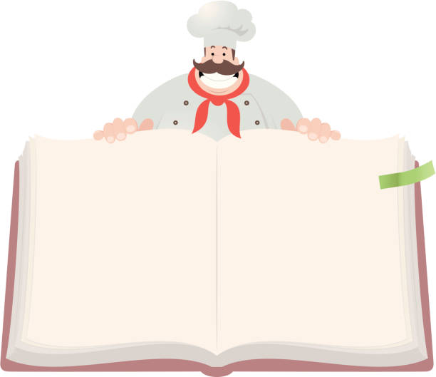 ilustraciones, imágenes clip art, dibujos animados e iconos de stock de happy chef abierto de recetas - receta instrucciones