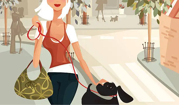 Vector illustration of Woman Walking A Dog Down The Street