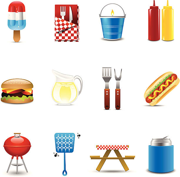 ilustrações, clipart, desenhos animados e ícones de ícones de churrasco - checked pattern tablecloth picnic