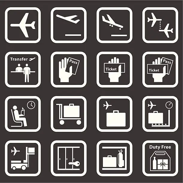 Vector illustration of 16 different black and white airport icons 