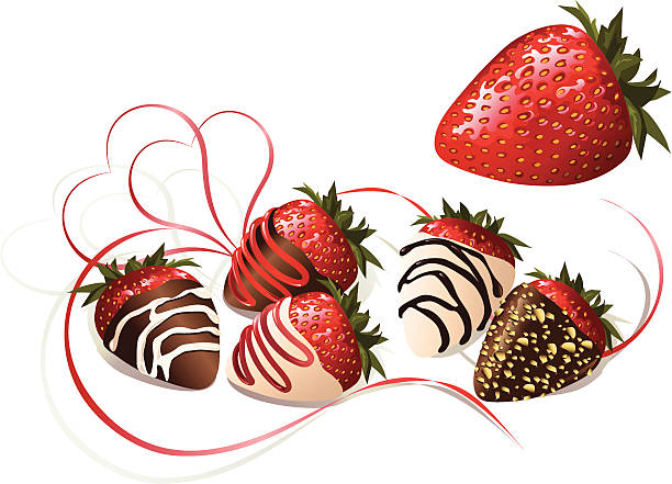 Chocolate Covered Strawberries Vector illustration of chocolate covered strawberries and a "whole" strawberry as a bonus. Grouped & layered for easy editing.  500 dpi jpg file included. chocolate covered strawberries stock illustrations
