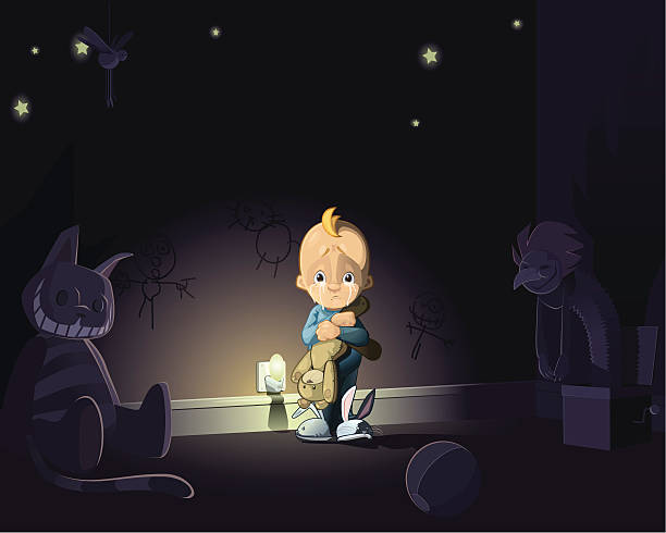 illustrations, cliparts, dessins animés et icônes de peur de l'obscurité - domestic room child cartoon little boys