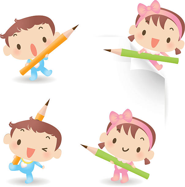 süßes baby jungen und mädchen mit bleistift - tied knot pencil reminder ideas stock-grafiken, -clipart, -cartoons und -symbole