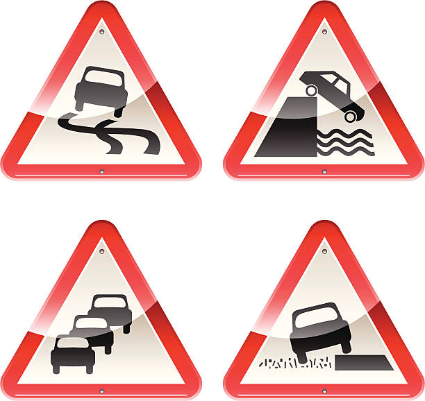 Glossy Signs: Caution Cars Set of cautionary road signs featuring cars with a glossy appearance. grass shoulder stock illustrations