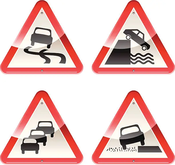 Vector illustration of Glossy Signs: Caution Cars