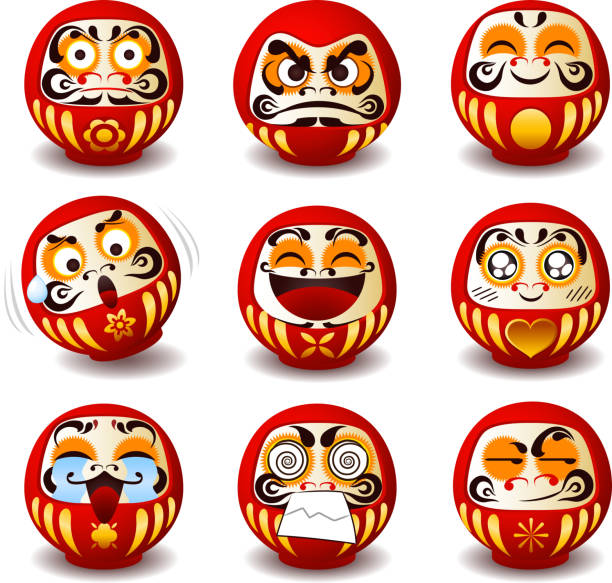 Daruma Doll Dharma Zen Collection Japanese Traditional Culture Daruma doll, Daruma, Dharma doll, Dharma, round, Japanese traditional doll, Bodhidharma, zen, bearded man, good luck, talisman, symbol, symbol of perseverance, popular gift, encouragement, temples, monk, Buddhist monk, meditation. Vector illustration cartoon.   buddha face stock illustrations