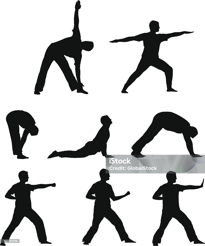 Silhuetas vetorizadas de exercícios (de ioga, artes marciais e - Vetor de Tai Chi royalty-free
