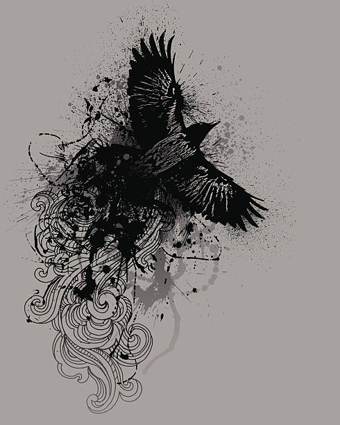 Grunge Raven Grunge raven in flight with splatters and swirls.All elements are separate. Layered, global colors used.Hi res jpeg included.More works like this linked below. wings tattoos stock illustrations