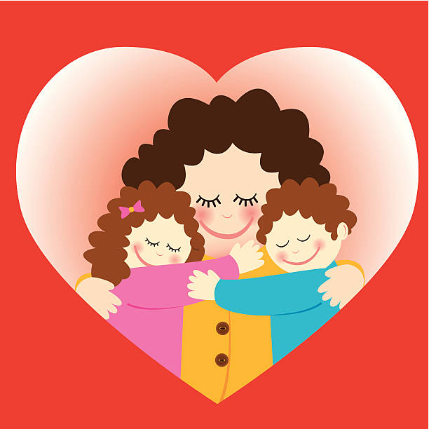 mothers day:  mom hugging her children vector art illustration