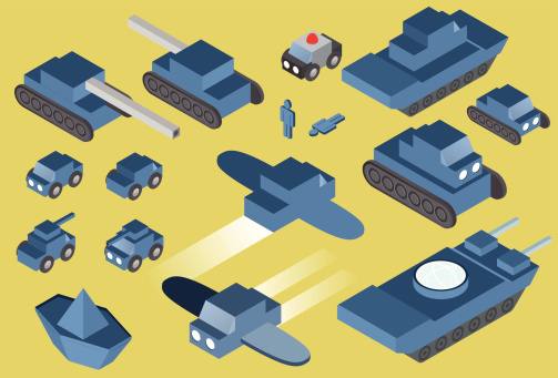 A set of isometric military vehicles. Car, boat, tank and apc.