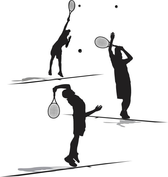 ilustraciones, imágenes clip art, dibujos animados e iconos de stock de jugador de tenis sirve ball-macho - silhouette tennis competitive sport traditional sport