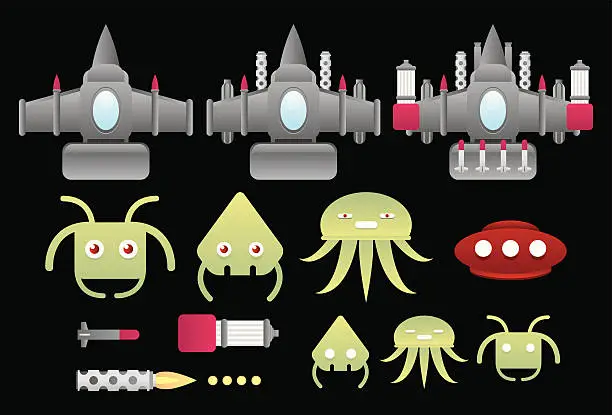 Vector illustration of Aliens invaders and space ships