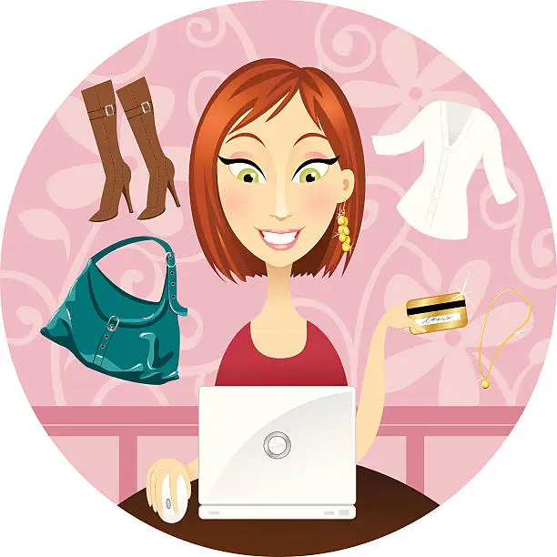 Vector illustration of Cute redhead shopping online