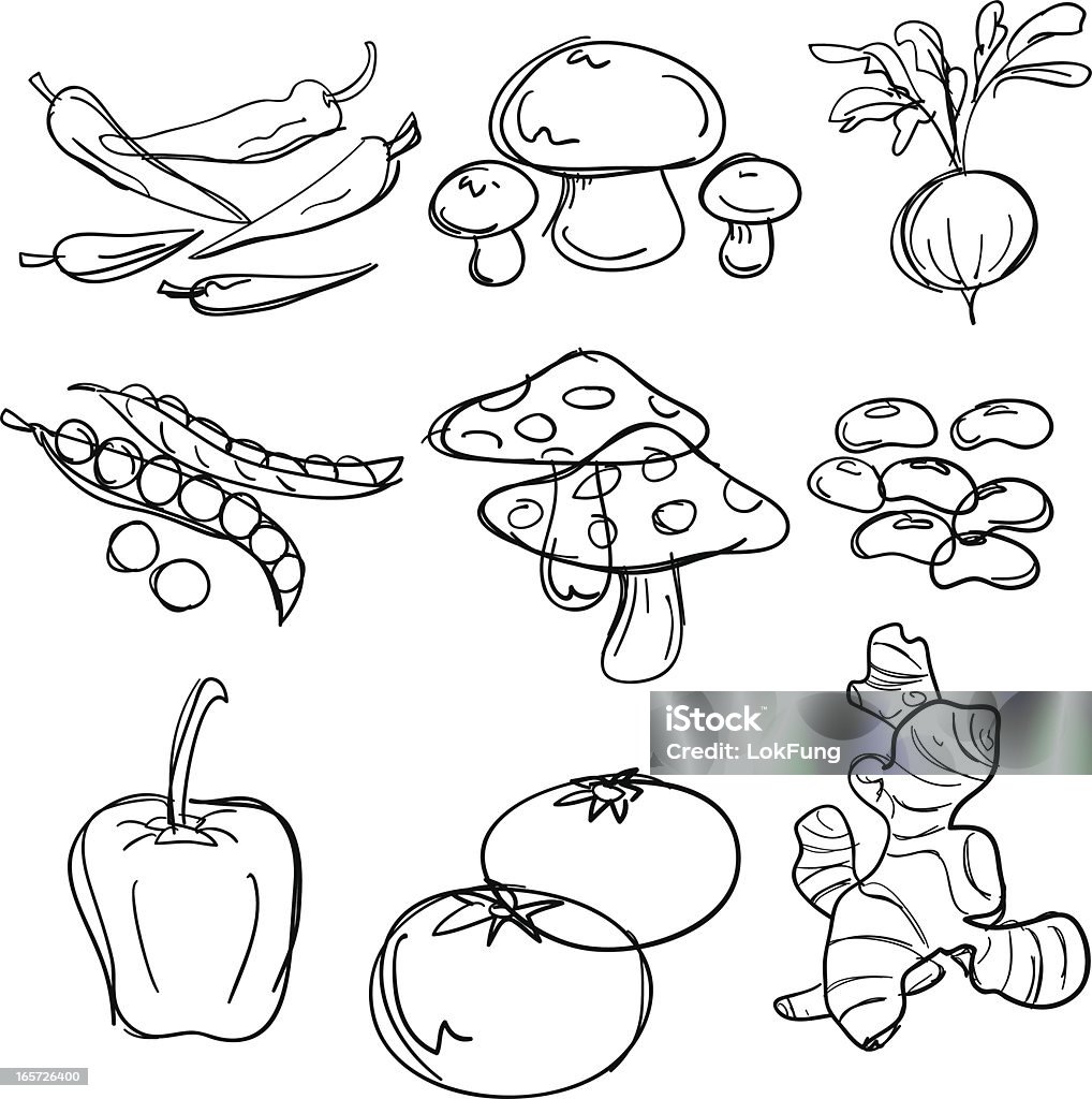 Food collection in black and white Nine sketch drawing of food, which includes chilli, mushrooms, tomato, pepper and so on. Line Art stock vector