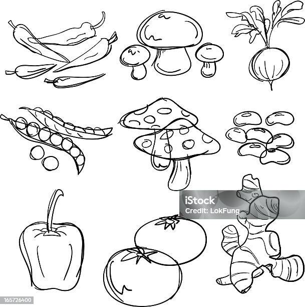 Food Collection In Black And White Stock Illustration - Download Image Now - Line Art, Vegetable, Green Bean