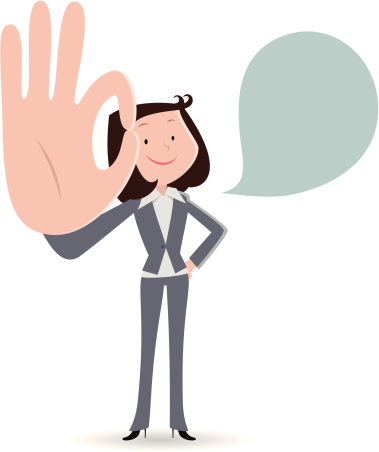 Vector illustration – Businesswoman smiling and gesturing ok hand sign. 