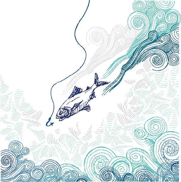 Hook, line and sinker doodle hand drawn doodle sketch of a fish chasing the hook. Vector illustration is grouped for easy color change. Includes XL 5000x5000 jpg fishing hook illustrations stock illustrations