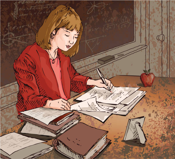 Dedicated Teacher "Hand-drawn illustration of a math teacher sitting at her desk in front of the chalkboard, correcting student homework. Illustration is layered and grouped for easy color adjustment or positioning changes." book dedication stock illustrations